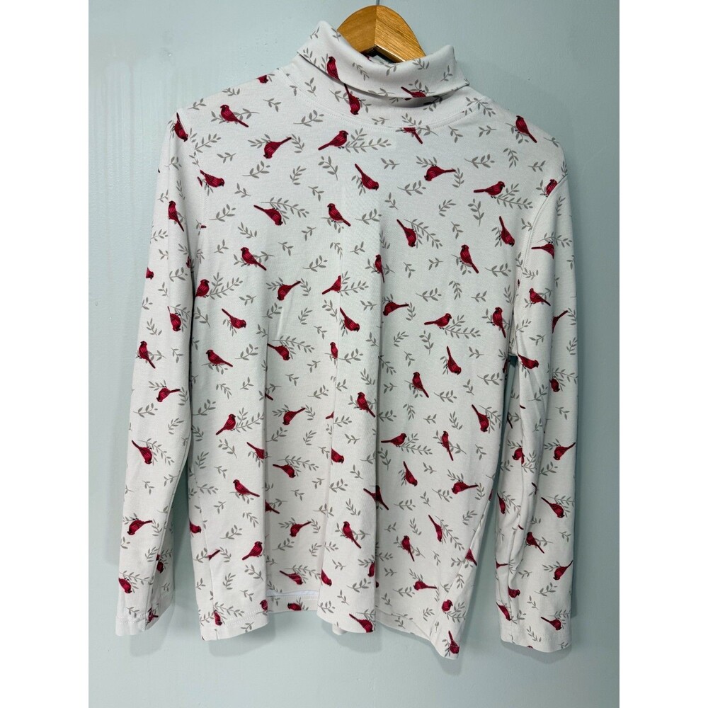 Blair Womens M Ivory Red Cardinal Bird Print Mock Neck Long Sleeve Top